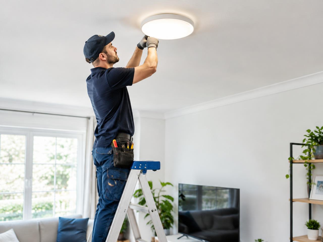 Elektriker montiert eine LED-Deckenleuchte